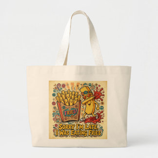 Grand Tote Bag Désolée pour le retard, je mangeais des frites Drô
