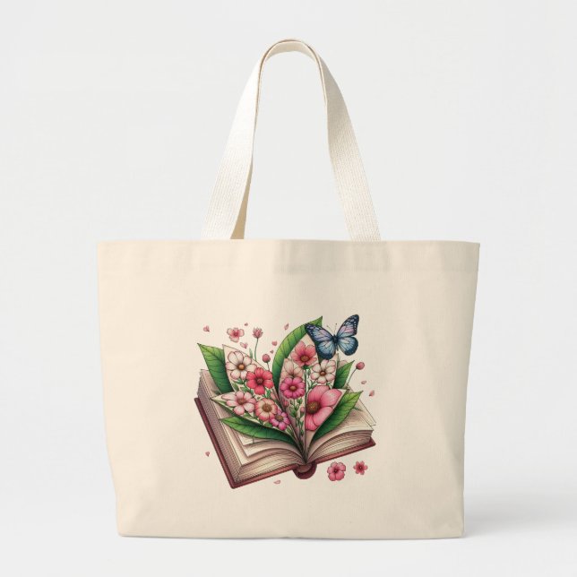 Grand Tote Bag Dessin d'un livre ouvert avec fleur (Devant)