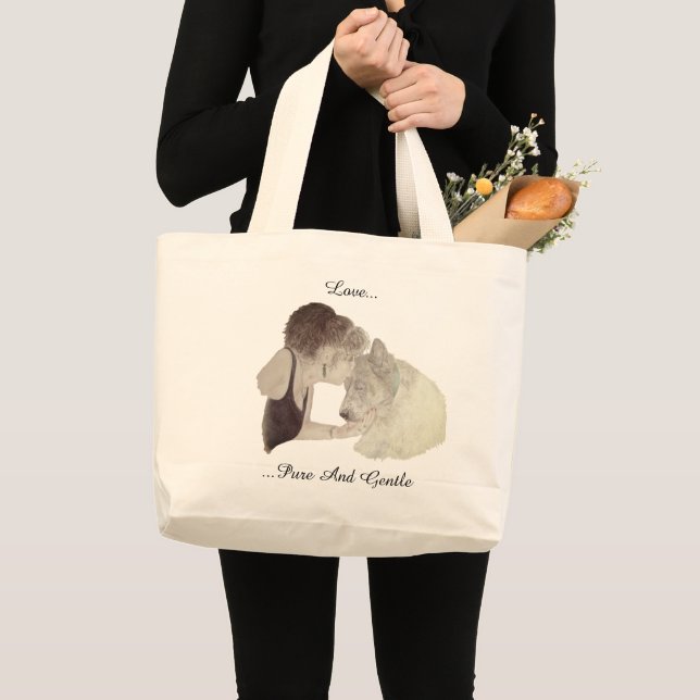 Grand Tote Bag dessin original d'une fille embrassant un chien (Devant (produit))