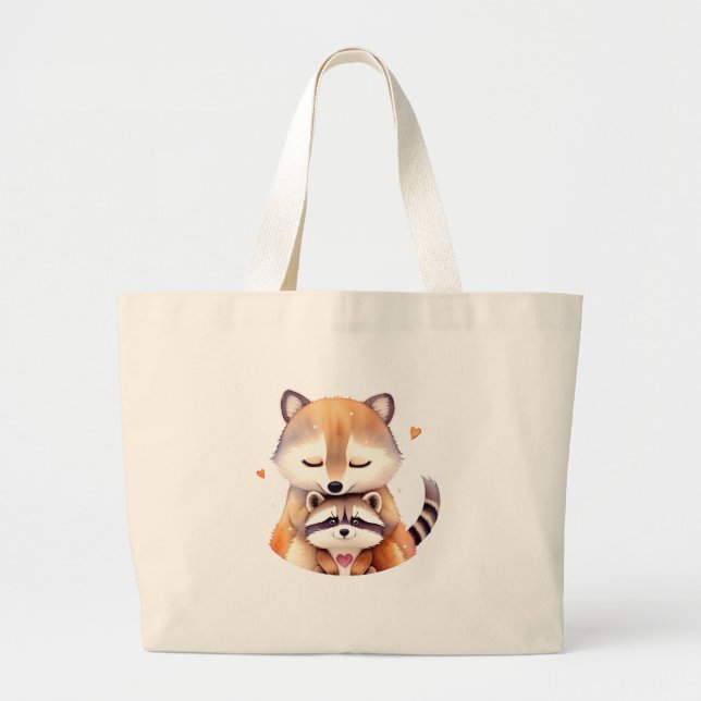 Grand Tote Bag Deux mignons ratons laveurs au coeur. (Devant)
