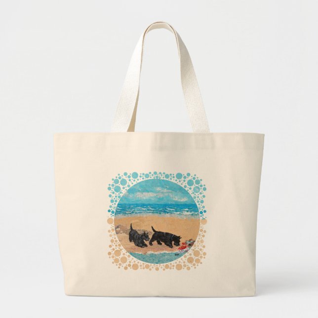 Grand Tote Bag Deux Scotties à la plage (Devant)