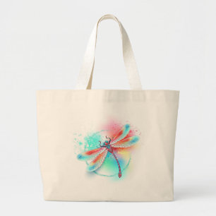 Grand Tote Bag Dragonfly rouge sur l'arrière - plan aquarelle