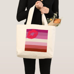 Grand Tote Bag Drapeau de fierté lesbienne au rouge à lèvres Slip