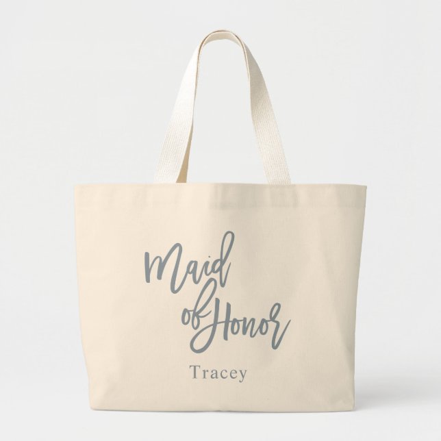 Grand Tote Bag Écriture de demoiselle d'honneur bleu poussiéreux (Devant)