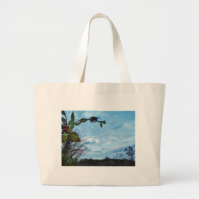 Grand Tote Bag Élégant Noël Holly, ciel bleu (Devant)