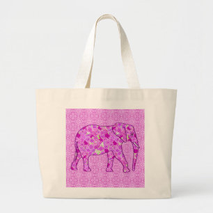 Grand Tote Bag Eléphant à fleurs - orchidée et magenta