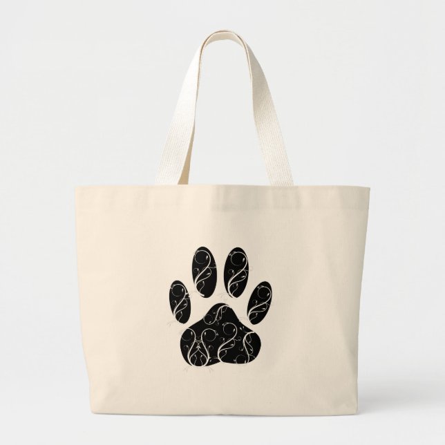 Grand Tote Bag Empreinte de patte Chien Noir Avec Flouris Blanc (Devant)