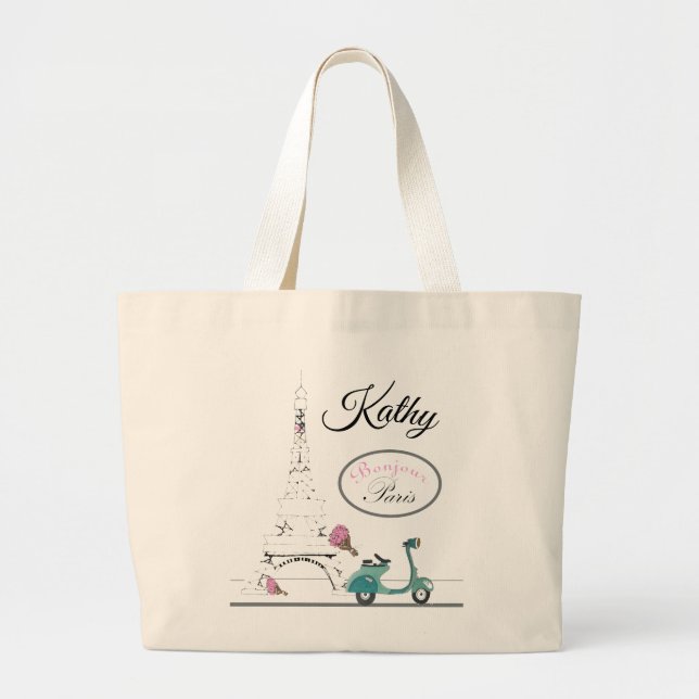Grand Tote Bag Équitation de scooter après Tour Eiffel Paris (Devant)