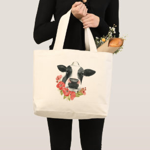 Grand Tote Bag Ferme de pavot - vache avec des fleurs
