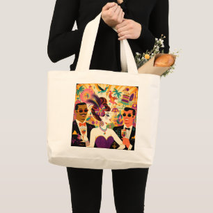 Grand Tote Bag Fête de cocktail rétro milieu du siècle Mardi Gras