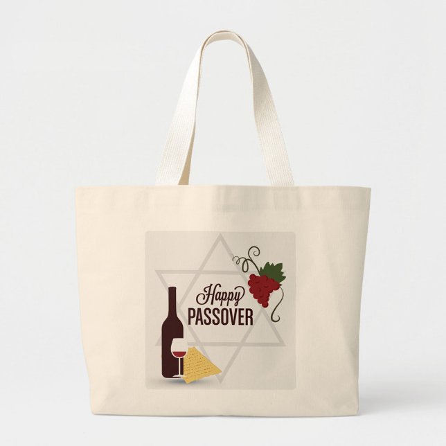 Grand Tote Bag Fête juive (A digital illustration on a cream-colored canvas tote bag depicts a Passover-themed graphic.)