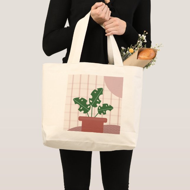 Grand Tote Bag Feuille de plante Monstera dans un pot en terre cu (Devant (produit))