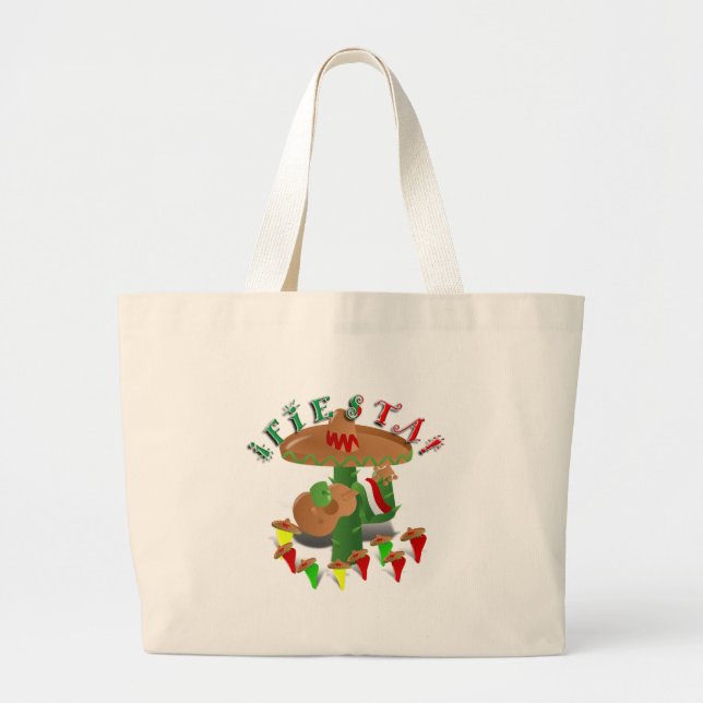 Grand Tote Bag Fiesta Cactus avec Sombrero & Guitare (Devant)