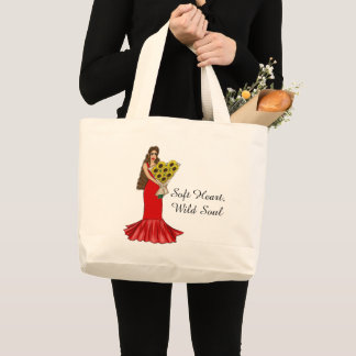Grand Tote Bag Fille au bouquet de tournesols doux cœur, âme sauv