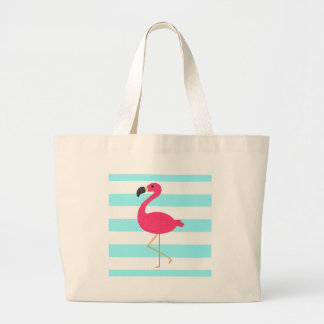 Grand Tote Bag Flamant rose rose sur les rayures turquoises