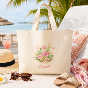 Grand Tote Bag Flamant Rose Tropical Floral 