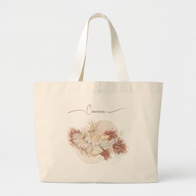 Grand Tote Bag Fleur d'aquarelle tropicale séchée Personnalisée (Devant)