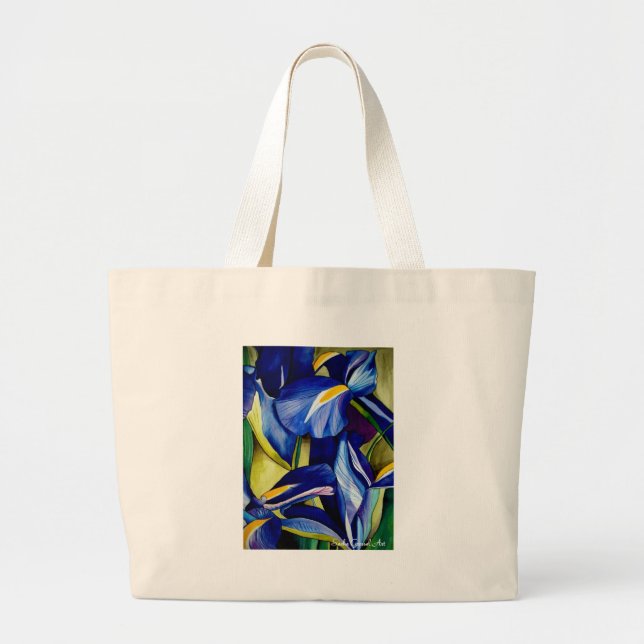Grand Tote Bag Fleur d'iris bleue, peinture originale à l'aquarel (Devant)