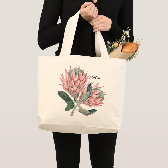 Grand Tote Bag Fleur Protea rose (Devant (produit))