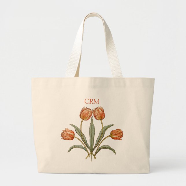 Grand Tote Bag Fleurs de tulipes Botanique Été ou Initiales styli (Devant)