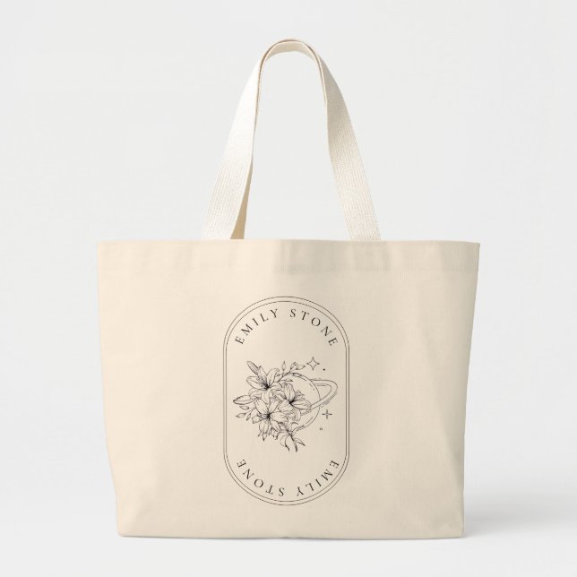 Grand Tote Bag Fleurs élégantes Style de script Nom personnalisé  (Devant)