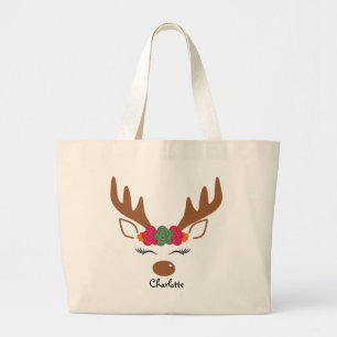Grand Tote Bag Floral Christmas Reindeer Nom personnalisé