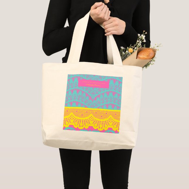 Grand Tote Bag Floralart espagnol motifs- Aqua et jaune (Devant (produit))