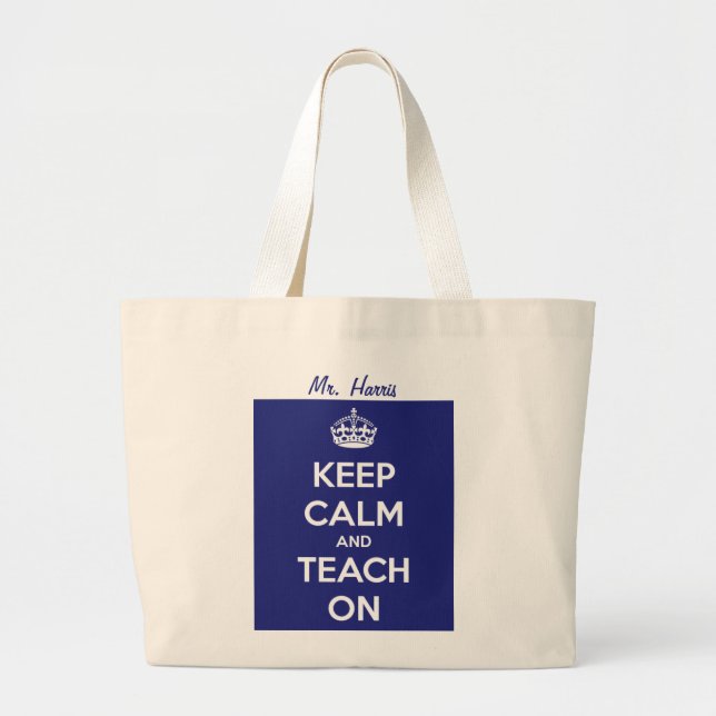 Grand Tote Bag Gardez le calme et l'enseignez sur le bleu (Devant)