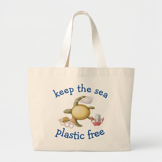 Grand Tote Bag Gardez notre mer Plastique Libre Sea Life Turtle (Devant)