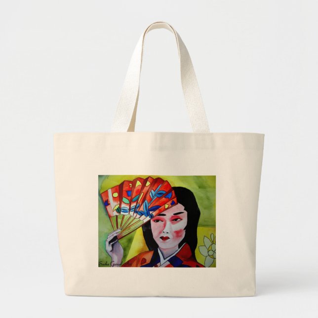 Grand Tote Bag Geisha japonais avec ventilateur aquarelle origina (Devant)