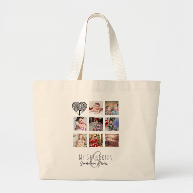 Grand Tote Bag Grand-mère aime sa famille arbre photo collage Cad (Devant)
