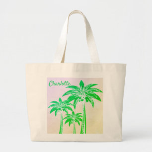 Grand Tote Bag Green Palm Tree Sunset Pink Sky Beach Nom d'été