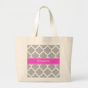 Grand Tote Bag Gris Blanc Marocain #5 Hot Pink Nom Monogramme