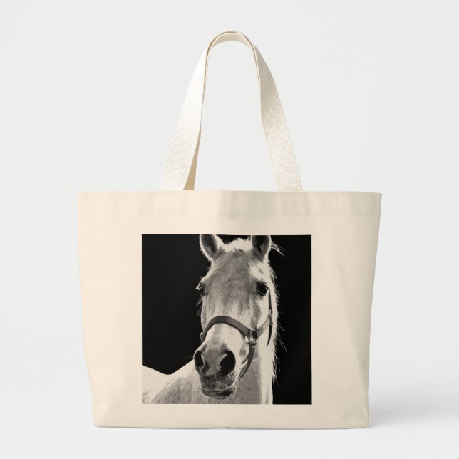 Grand Tote Bag Gros plan Cheval blanc noir en nuit (Devant)