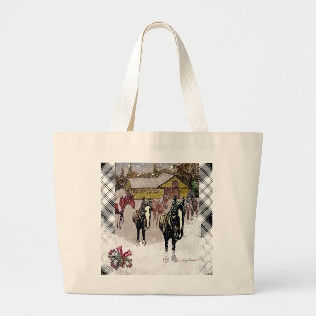 Grand Tote Bag Hiver à West Hills Farm 2 chevaux noirs (Devant)