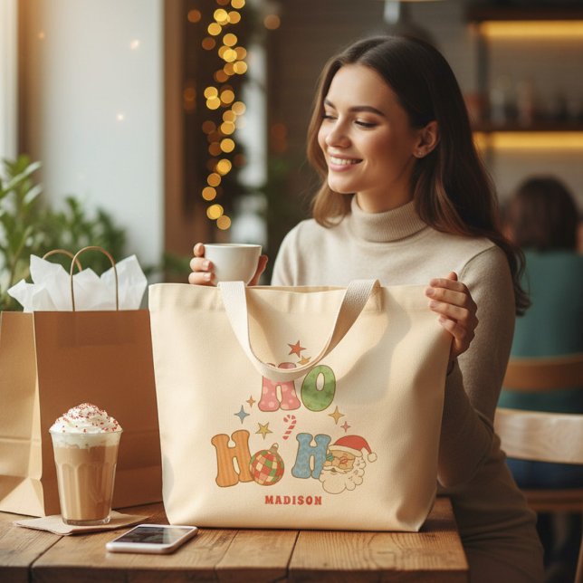 Grand Tote Bag Ho Ho Ho Super Joyeux Noël Personnalisé Nom (Créateur téléchargé)