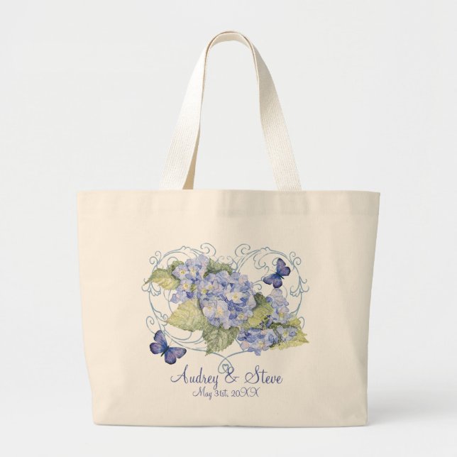 Grand Tote Bag Hortensias bleus, papillon et floral moderne de (Devant)