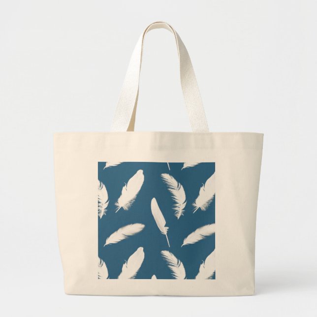 Grand Tote Bag Impression en plumes blanches sur bleu denim (Devant)