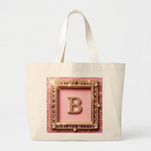Grand Tote Bag Initiale Diamant B Paillettes Roses Cadre Or Monog