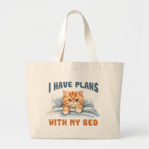 Grand Tote Bag J'ai des plans avec mon lit - Cosy Orange Chat