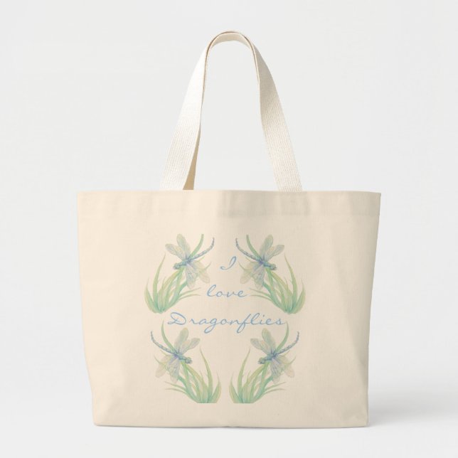 Grand Tote Bag J'aime les libellules en bleu et vert (Devant)