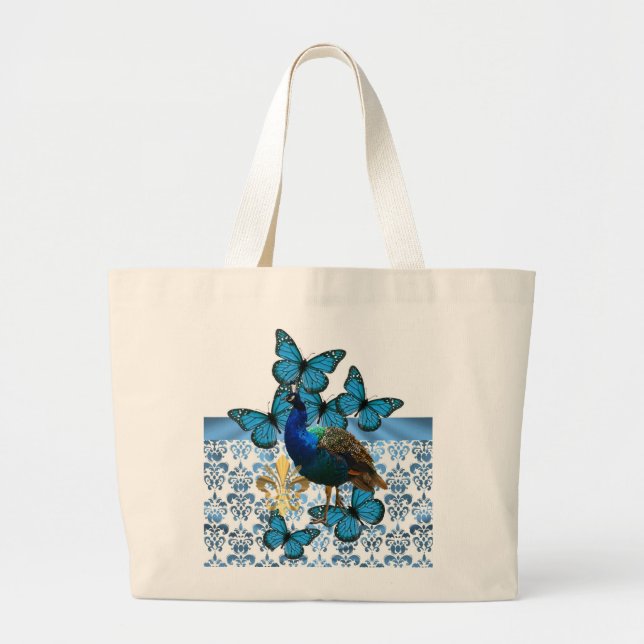 Grand Tote Bag Joli paon et papillons bleus (Devant)