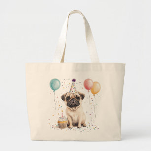 Grand Tote Bag Joyeux Anniversaire Chien Pug