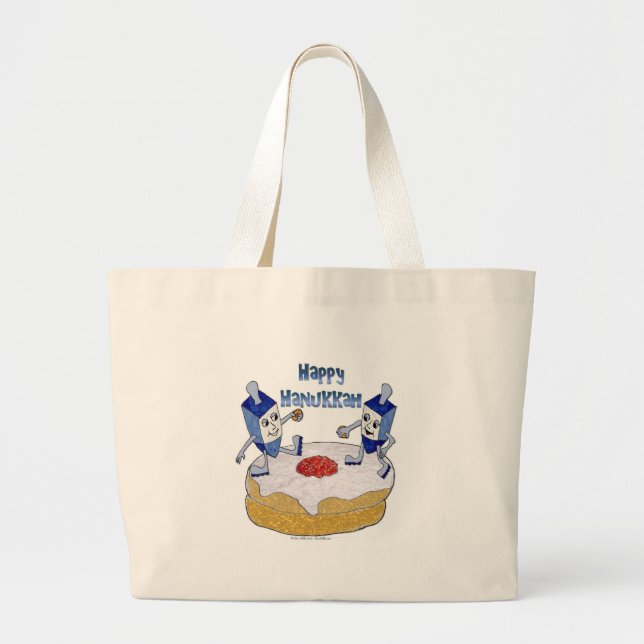 Grand Tote Bag Joyeux Hanoukka Dancing Dreidels Jelly Doughnut (Devant)