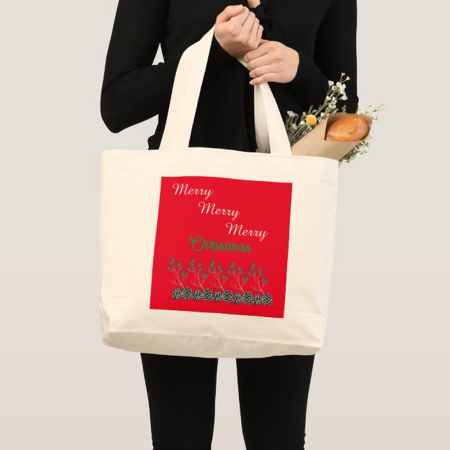Grand Tote Bag Joyeux Noël et cônes de pin (Devant (produit))