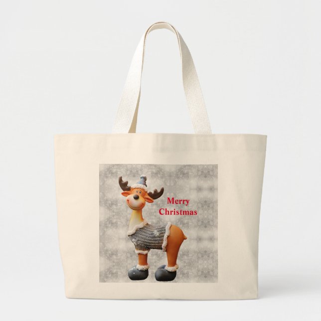 Grand Tote Bag Joyeux orignal de Noël portant un casquette (Devant)