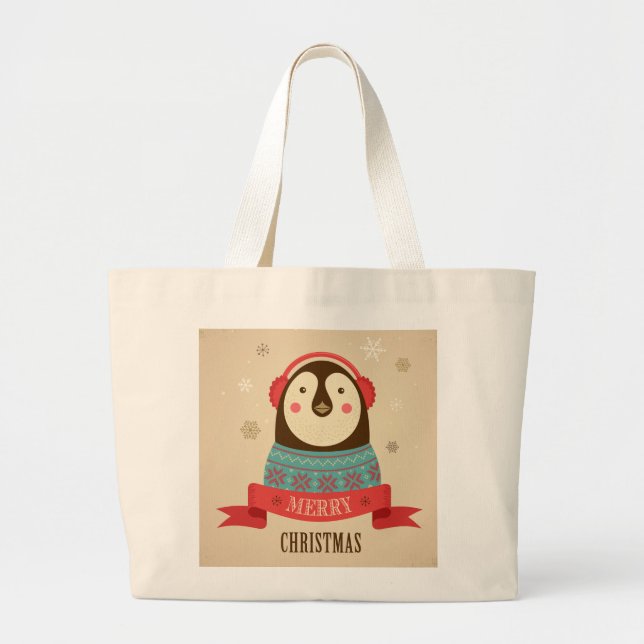 Grand Tote Bag Joyeux pingouin de Noël (Devant)