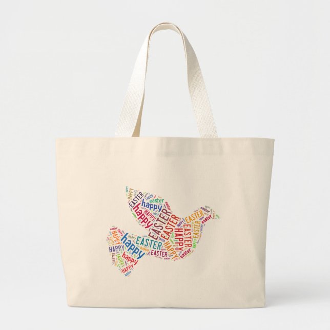 Grand Tote Bag Joyeux texte de voeux de la colombe de Pâques (Devant)