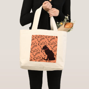 Grand Tote Bag Jumbo I Love Cats Tangerine et White Graphic Fourr