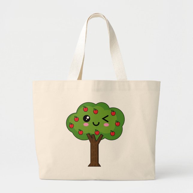 Grand Tote Bag Kawaii Joyeux Pommier À Voie (Devant)